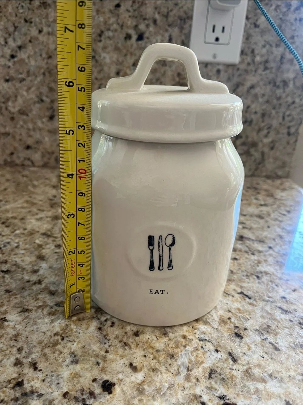 Rae Dunn Ceramic Canister Jar with Eat Fork Knife Spoon Farmhouse